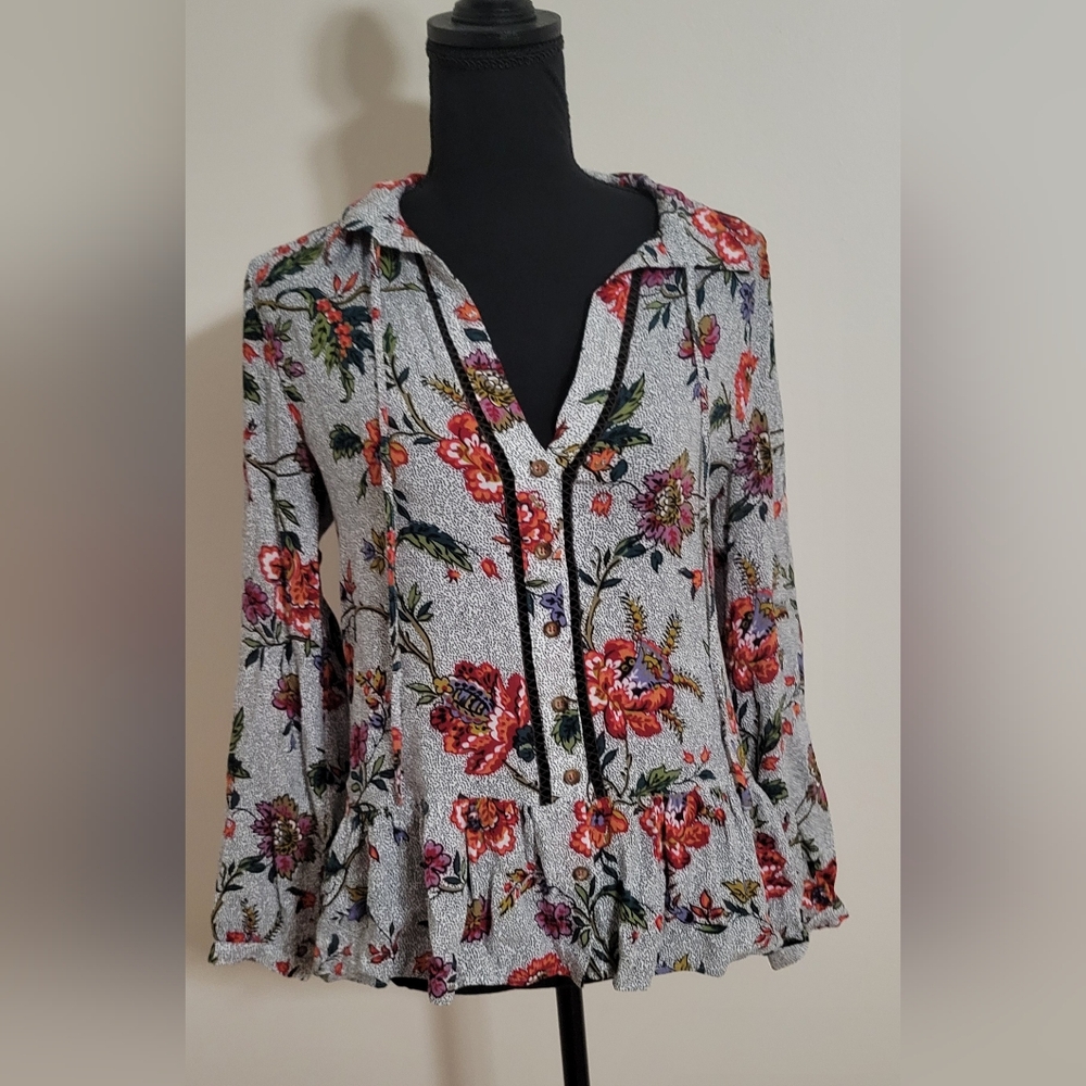 Anthropologie Maeve Janie Multicolored Flounced Floral Polka Dot Top Size 4 - Picture 3 of 10